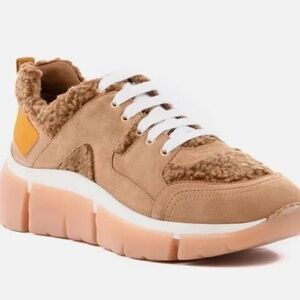 Seychelles I'll Be There Tan Suede Leather Shearling Sneakers, Size 8